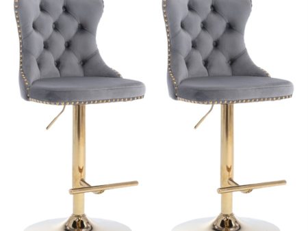 2x Height Adjustable Swivel Bar Stool Velvet Studs Barstool with Footrest and Golden Base- Grey on Sale