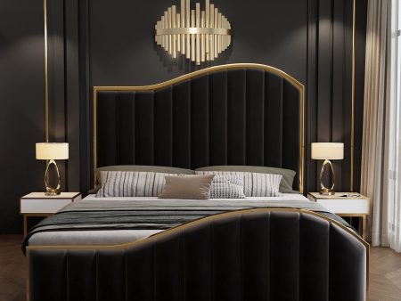 King Size Velvet Fabric Bedframe | Golden Trim | Black Fashion