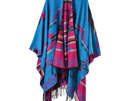 Ethnic Blanket Poncho With Tassels | Light Bluez | Free Size For Cheap