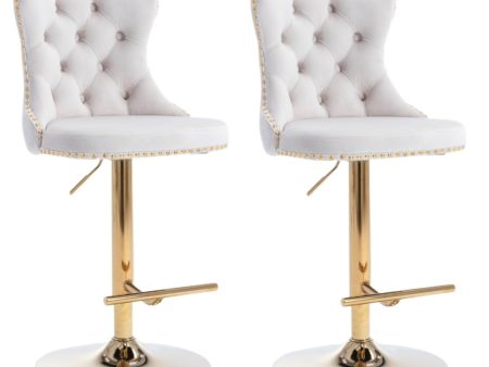 2x Height Adjustable Swivel Bar Stool Velvet Studs Barstool with Footrest and Golden Base- Beige Sale