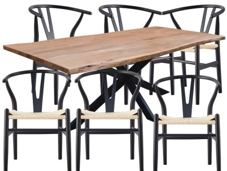 Lantana 7pc 210cm Dining Table 6 Black Wishbone Chair Set Live Edge Acacia Wood Online