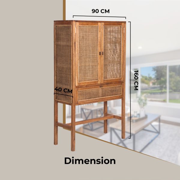 Jasmine Tall Storage Cabinet 90cm 2 Door 1 Drawer Mindi Wood Rattan - Brown Fashion