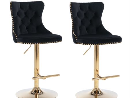 2x Height Adjustable Swivel Bar Stool Velvet Studs Barstool with Footrest and Golden Base- Black For Cheap