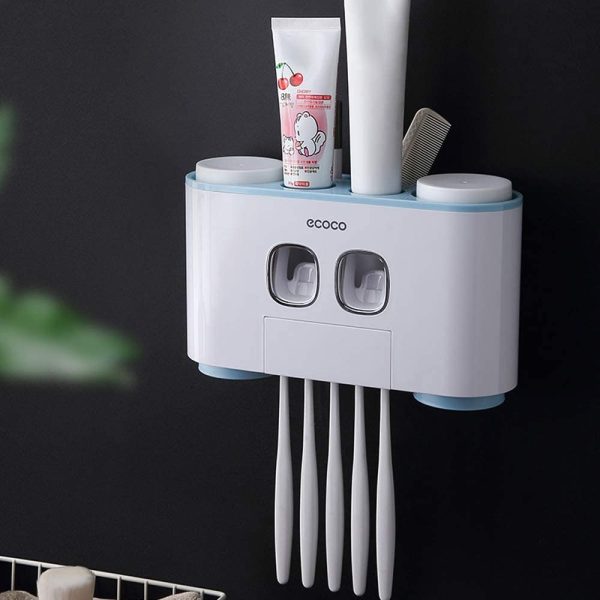 Ecoco Wall-Mounted Toothbrush Holder with 2 Toothpaste Dispensers 4 Cups and 5 Toothbrush Slots Toiletries Bathroom Storage Rack (Pink) Fashion