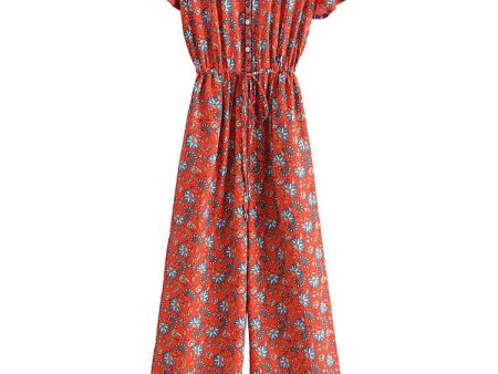 Women s Full Length Red Floral Printed Boho Jumpsuit | Short Sleeve + V-neck |  S-L Fashion