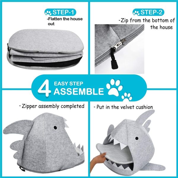 Shark Shape Pet Cave Bed for Cats andSmall Dogs 45 x 45 x 38 cm (Light Grey) Supply