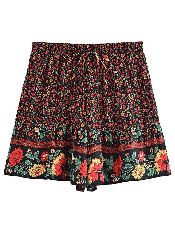 Cute Boho Hippie Summer Shorts | Black Flower Design | S-L Online