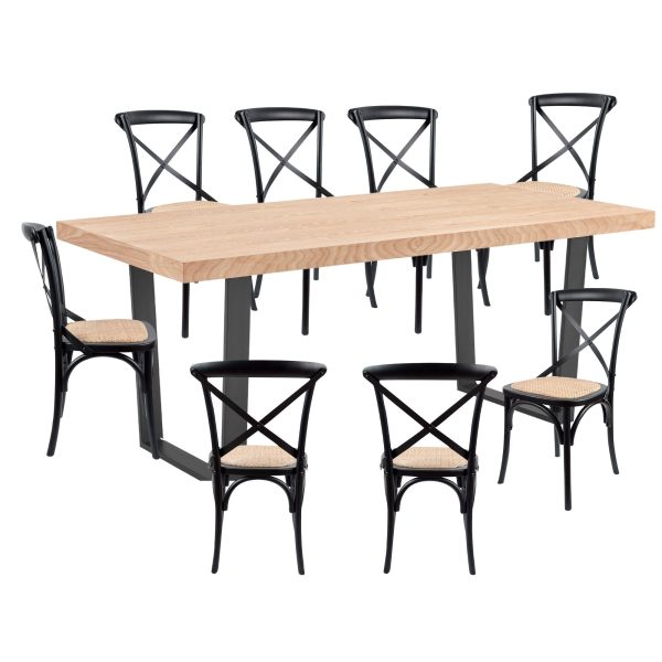 Petunia  9pc 210cm Dining Table Set 8 Cross Back Chair Elm Timber Wood Metal Leg For Sale