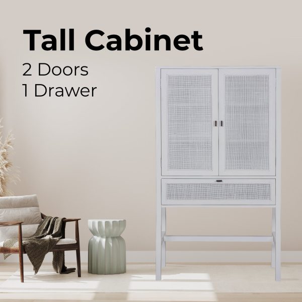 Jasmine Tall Storage Cabinet 90cm 2 Door 1 Drawer Mindi Wood Rattan - White Discount