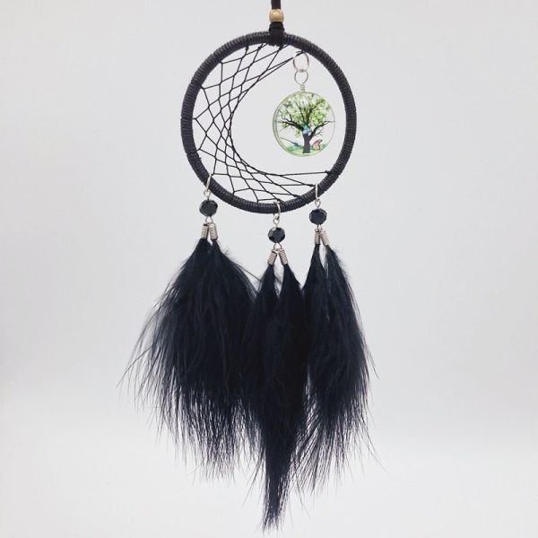 Small Black Feathered Dream Catcher With Green Tree Design Sale