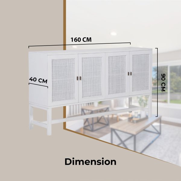 Jasmine Sideboard Buffet Table 160cm 4 Door Mindi Wood Rattan - White Online Hot Sale