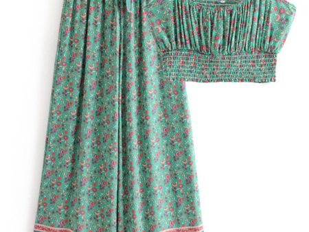 Women s Vintage Green Floral Two Piece Set | Strapless Tops + Bohemian Pants | S-L on Sale