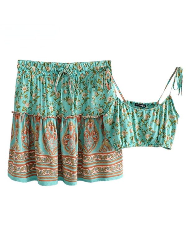 Women s Casual Boho Two Piece Outfit | Beach Styled Top + Bohemian Skirt | S-L | Various Colours For Sale