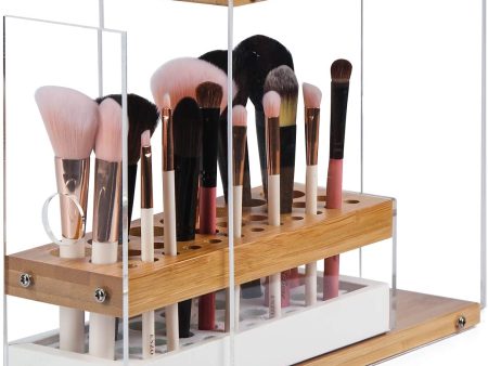 31 Holes Acrylic Bamboo Brush Holder Organiser Beauty Cosmetic Display Stand with Leather Drawer White (22.3 x 8.6 x 21.5 cm) on Sale