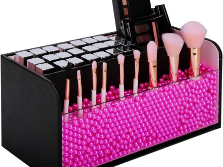 Leather Makeup Brush Cosmetic Organiser Storage Box with Pink Pearls, Acrylic Cover and 3 Compartments(Black) Online Sale