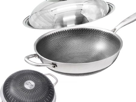 34cm 304 Stainless Steel Non-Stick Stir Fry Cooking Kitchen Honeycomb Wok Pan with Lid Hot on Sale