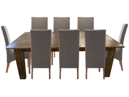 Aksa 9pc Dining Set 210-310cm Extension Timber Wood Table 8 Grey Fabric Chair For Cheap