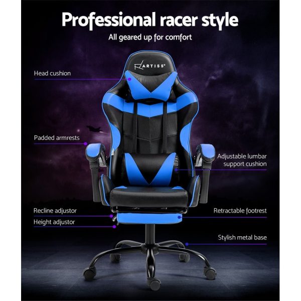 Artiss Office Chair Leather Gaming Chairs Footrest Recliner Study Work Blue Sale