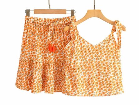 Women s Orange Floral Two Piece Suit | Sleeveless Top + Mini Skirts | S-L Online now