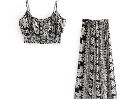 Women s Black Elephant Hippie Styled Two Piece Outfit | Sleeveless Top + Pants | S-L For Discount