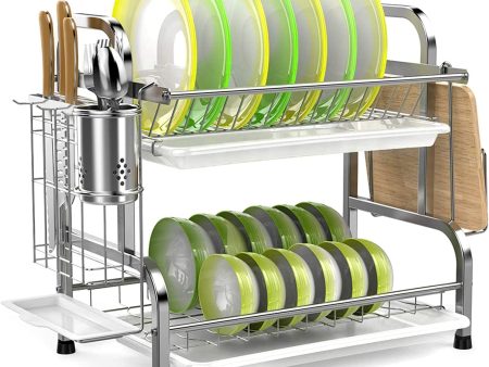 Stainless Steel 2-Tier Dish Drying Rack with Utensil Holder, Cutting Board Holder and Dish Drainer for Kitchen Counter (Silver) Sale