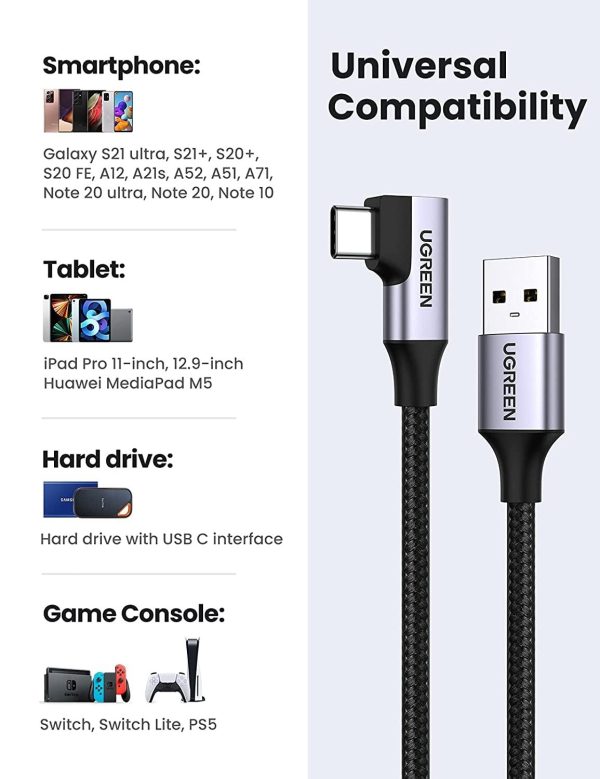 UGREEN 20289 Angled USB-C 3.0 Fast Charge Cable 0.5M Hot on Sale