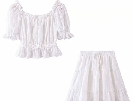 Women s White Festival Two Piece Outfit | Off Shoulder Short Sleeve Top + Bohemian Lace Mini Skirts | S-L For Sale