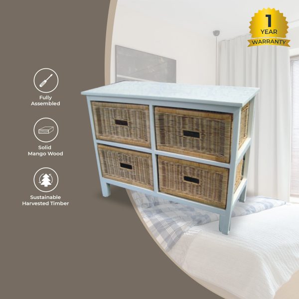 Hyssop Tallboy Wide 4 Chest of Drawers Cane Bedroom Kitchen Bathroom Storage Online now