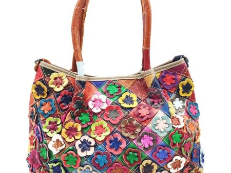 Oversized Genuine Leather Multicolor Flower Handbag - Various Colours Sale