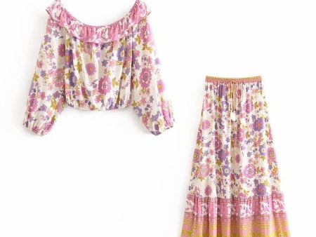 Women s Pink Floral Boho Two Piece Outfit | Ruffles Long Sleeve Top + Waist Skirts | S-L Online Hot Sale