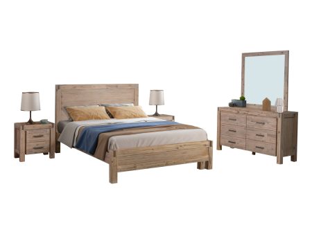 4 Pieces Bedroom Suite in Solid Wood Veneered Acacia Construction Timber Slat Queen Size Oak Colour Bed, Bedside Table & Dresser Sale