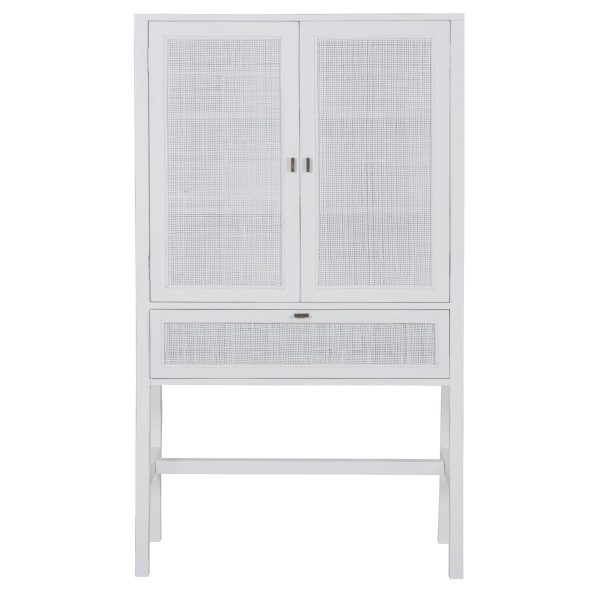 Jasmine Tall Storage Cabinet 90cm 2 Door 1 Drawer Mindi Wood Rattan - White Discount