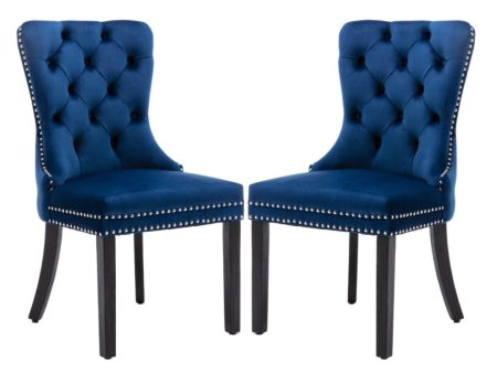 2x Velvet Dining Chairs Upholstered Tufted Kithcen Chair with Solid Wood Legs Stud Trim and Ring-Blue on Sale