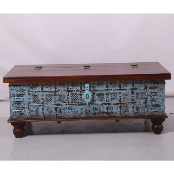 Konark Coffee Table Antique Handcrafted Solid Mango Wood Storage Trunk Chest Box For Sale