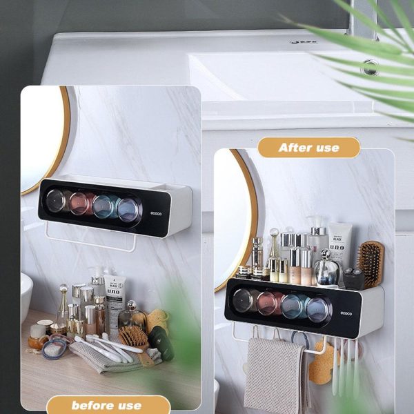 Ecoco Wall-Mounted Toothbrush Holder with 4 Cups and 4 Toothbrush Slots Toiletries Bathroom Storage Rack Grey Online Sale