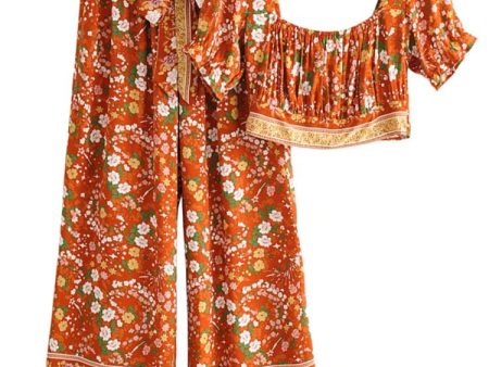 Cool Women s Brown Bohemian Styled Clothing Set | Pants + Sleeveless Top | S-M For Cheap