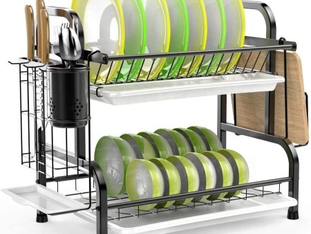 Stainless Steel 2-Tier Dish Drying Rack with Utensil Holder, Cutting Board Holder and Dish Drainer for Kitchen Counter (Black) Online now