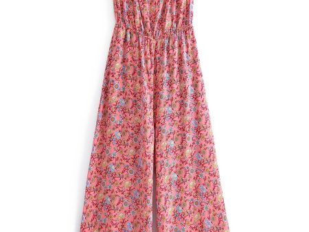 Women s Full Length Red Floral Printed Boho Jumpsuit | Strapless + V-neck |  S-L Online Hot Sale