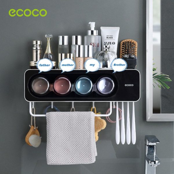 Ecoco Wall-Mounted Toothbrush Holder with 4 Cups and 4 Toothbrush Slots Toiletries Bathroom Storage Rack Grey Online Sale