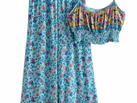 Women s Blue 60 s Flower Child Two Piece Outfit | Sleeveless Top + Bohemian Pants | S-L Cheap