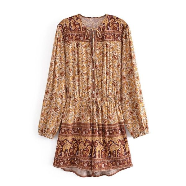 Women s Brown Bohemian Beach Romper | Rayon + Cotton | S-L Sale