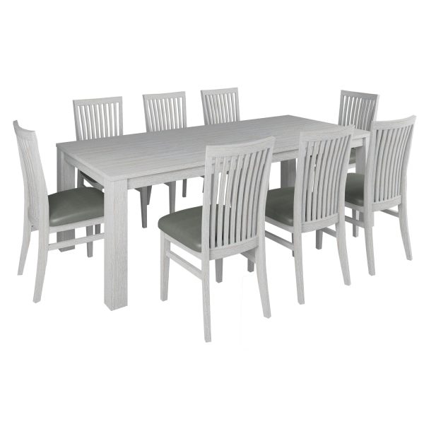 Foxglove 9pc Dining Set 225cm Table 8 PU Seat Chair Solid Mt Ash Wood - White For Sale