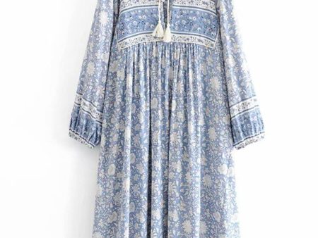 Light Blue Floral Vintage Styled Dress | Tassels + V-Neck | S-L Online