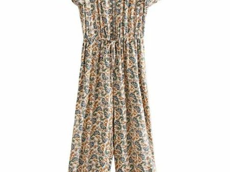 Women s Full Length Multi-Colour Floral Printed Boho Jumpsuit | Short Sleeve + V-neck |  S-L For Sale