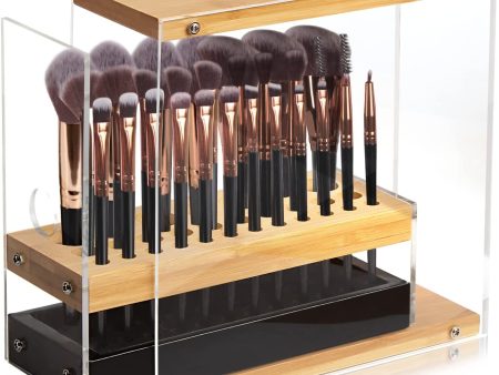 31 Holes Acrylic Bamboo Brush Holder Organiser Beauty Cosmetic Display Stand with Leather Drawer Black (22.3 x 8.6 x 21.5 cm) For Sale