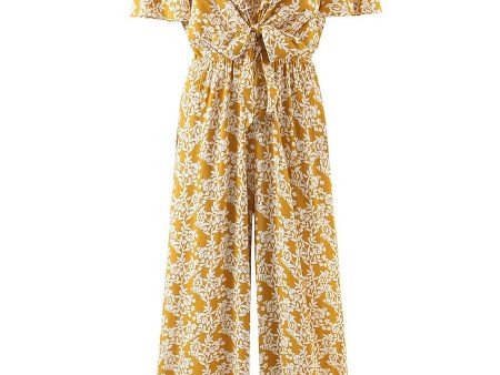 Women s Full Length Yellow Floral Printed Boho Jumpsuit | Short Sleeve + V-neck |  S-L Fashion