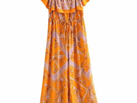 Women s Orange Floral Printed Sleeveless Boho Bodysuit Romper | S-L Discount