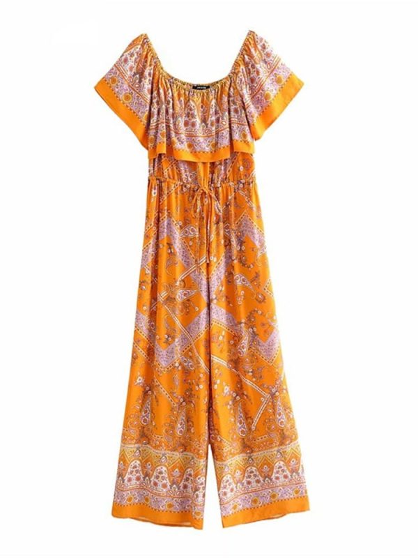 Women s Orange Floral Printed Sleeveless Boho Bodysuit Romper | S-L Discount