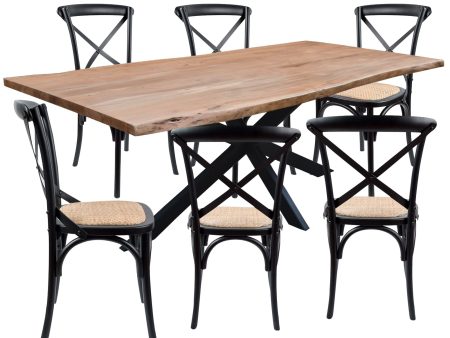 Lantana 7pc 180cm Dining Table 6 Black X-Back Chair Set Live Edge Acacia Wood For Cheap