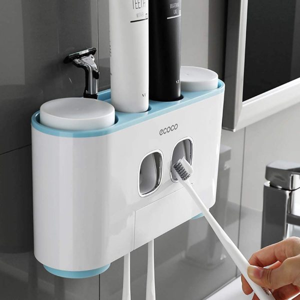 Ecoco Wall-Mounted Toothbrush Holder with 2 Toothpaste Dispensers 4 Cups and 5 Toothbrush Slots Toiletries Bathroom Storage Rack (Blue) Online